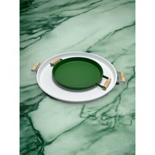 Die Grup Tr Kitchen Trend-2'li Ahşap Kulplu 45 cm Beyaz Metal Tepsi ve 37 cm Yeşil Kahve Sunum Tepsisi (Beyazyeşil)
