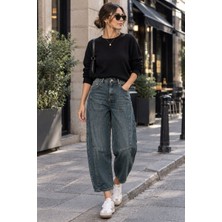 Nana & Mayka Moda Kadın Koyu Lacivert Eskitme Yıkamalı %100 Pamuk Balon Kot Pantolon Jeans