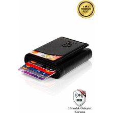 Avca Erkek Siyah Orijinal Mekanizmalı Nakit Para Bölmeli RFID Hırsızlık Koruyuculu Özel Kutulu Çıtlı Deri Cüzdan Kartlık