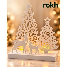 Rokh Geyik ve Yavrusuyla Yıldızlı Çam Ağacı Dekoru 🦌 2 Adet LED Tealight Dahil, Beyaz Yılbaşı Süsü 20 cm