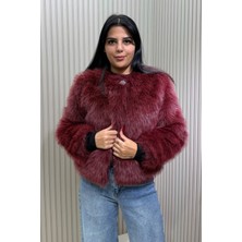 Swana Kadın Tek Düğme Kapamalı Astarlı Kürk Ceket- Bordo