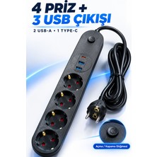 Smayling 4’lü Topraklı Çoklu Priz 2 Usb-A ve 1 Type-C Çıkışlı Açma Kapama Düğmeli Kablolu Uzatma Prizi Siyah