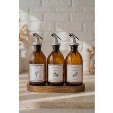 Frolde Meftune Oval Ahşap Stantlı Amber Zeytinyağı Limon Suyu Sirke Şişesi Yağdanlık 3lü Set 300ML