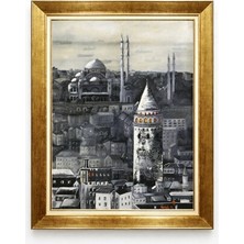 Giyense Tablo Gold Çerçeveli Istanbul Manzaralı Galata Kulesi Tarihi Yağlı Boya Görünümlü Tablo