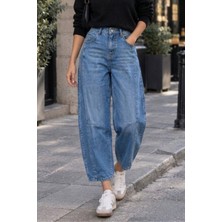 Nana & Mayka Moda Kadın Mavi Yıpratmalı Paça Yıkamalı %100 Pamuk Balon Kot Pantolon Jeans