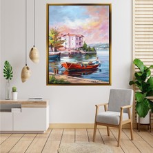 Giyense Tablo Deniz Kenarında Kırmızı Sandal ve Yalı Manzaralı Imzalı Kanvas Tablo