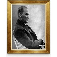Giyense Tablo Atatürk Portre Tablo - Altın Varaklı Lüks Çerçeveli Kanvas Tablo - Siyah Beyaz Ata Resmi