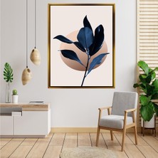 Giyense Tablo Bej Daire Detaylı Koyu Mavi Botanik Yaprakları Modern Kanvas Tablo