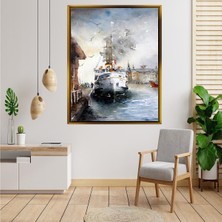 Giyense Tablo Istanbul Limanı Vapur ve Martılı Sahil Suluboya Kanvas Tablo