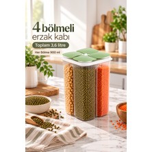 Porsima 4 Bölmeli Erzak ve Bakliyat Kavanozu 3.6 Lt - Döner / Bağımsız Kapaklı Şeffaf Kiler Saklama Kabı (Yeşil)