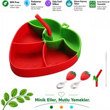 9 Ay ve Üstü İçin Jojobebek Silikon Mama Tabağı Kırmızı Renkli Çilek Figürlü Çatal ve Kaşık Seti