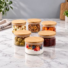 Erkugo 6'lı Borosilikat Cam Kahvaltılık Seti Bambu Kapaklı Silikon Contalı Hava Geçirmez Cam Saklama Kabı 9x6 cm Zeytin Peynir Reçel Bal Sosluk Kahvaltı Sunumluk Düzenleyici Kavanoz Seti