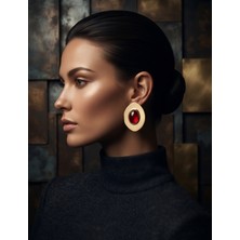 Mysofya Gold Plaka Detaylı Bordo Taş Oval Küpe