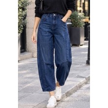 Nana & Mayka Moda Kadın Lacivert Yıpratmalı Paça Yıkamalı %100 Pamuk Balon Kot Pantolon Jeans