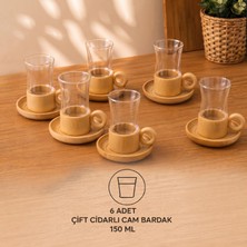 Unbranded 12 Parça Çift Cidarlı Bambu Çay Seti – 6 Kişilik El Yakmayan 150 ml Cam Bardak & Doğal Bambu Tabak