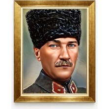 Giyense Tablo Kalpaklı Atatürk Portresi Mavi Göz Detaylı Çerçeveli Tablo - Milli Mücadele Ruhu