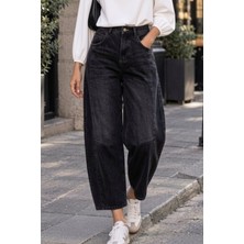 Nana & Mayka Moda Kadın Siyah Yıpratmalı Paça Yıkamalı %100 Pamuk Balon Kot Pantolon Jeans
