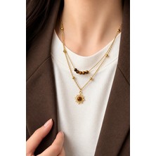 Trend Collection Çift Katlı Güneş Uçlu Doğal Taşlı Gold Kadın Kolye