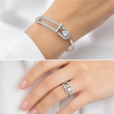 Dore Collection Premium Çelik Taşlı Ikonik Kelepçe Bilezik ve Ayarlanabilir Yüzük Ikili Takı Seti