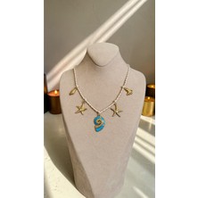Dore Collection Vıp Model Turkuaz Mineli Salyangoz ve Deniz Figürlü Halat Kolye
