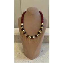 Dore Collection Kaplangözü Doğal Taş Detaylı Saçaklı Bordo Boncuklu Altın Zincir Kolye