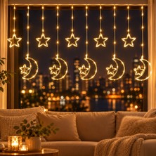 CoverZone 10'lu Ay Yıldız Sarkıt Perde LED Işık 2,5 Metre Gün Işığı 8 Modlu Fişli Saçak LED Aydınlatma Ramazan Bayram Yılbaşı Pencere Balkon Ev ve Parti Süsleme, AYLDZ01