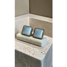 Dore Collection Vintage Kare Doğaltaş Efektli Gold Klipsli Küpe – Antik Çerçeve Mermer-Kehribar-Aquamarin Desenli K