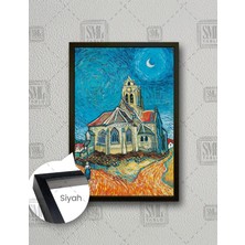 SML Tablo Vang Gogh Angel, Vincent The Church In Auvers Gece Mavi Gökyüzü ve Ay Çerçeveli Dikey Kanvas Tablo
