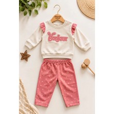 Dinamik çocuk Kız Bebek Bonjour Nakışlı 2li Takım Kol Fırfır Detaylı Sweatshirt ve Pembe Puantiyeli Alt 3-6-9-12AY