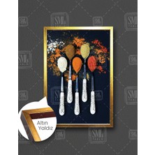 SML Tablo Gold Detaylı Kaşıkların Içinde Baharatlar Mutfak Kitchen Çerçeveli Dikey Kanvas Tablo