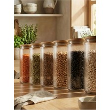 Odea Tr Bambu Kapaklı Cam Saklama Kabı Seti, Şeffaf, 2000 Ml, 11CM x 21CM, Vakumlu Kapak, 6'li Set