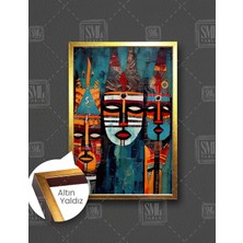 SML Tablo Soyut Afrikan Maskeleri Etnik Semboller Afrika Yaşamı Çerçeveli Dikey Kanvas Tablo