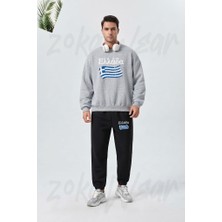 Zoka Wear Ellada Greek Flag Vintage Graphic - Greece Lovers Tourists Souvenir Cool National Gift Baskılı Gri Siyah Eşofman Takımı