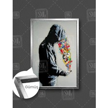 SML Tablo Telefona Bakan Adan Grafiti Banksy Sokak Sanatı Çerçeveli Dikey Kanvas Tablo