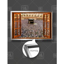 SML Tablo Kabe Örtüsü ve Mekke Kabeye Açılan Pencere Hac Yapanlar Mekke Kabe Çerçeveli Yatay Kanvas Tablo