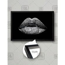 SML Tablo Metalik Gri Ruj Makyaj Dudak Lips  Çerçeveli Yatay Kanvas Tablo