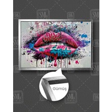 SML Tablo Graffiti Pink Lips Dudak Sokak Sanatı Street Art Damlayan Akan Boyalar  Çerçeveli Yatay Kanvas Tablo