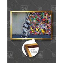 SML Tablo Perdenin Arkasından Bakan Çocuk Banksy Duvar Sanatı Grafitti Sokak Sanatı  Çerçeveli Yatay Kanvas Tablo