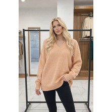 Kadın V Yaka Oversize Basic Kare Desenli Fitilli  Triko Kazak - 6542