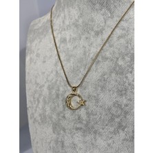 Uzak Işıklar Ay Yıldız Zirkon Taşlı Çelik Kolye Gold