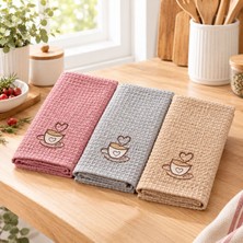 Denissly Kahve Fincanı Nakışlı Waffle Mutfak Havlusu 3’lü Set