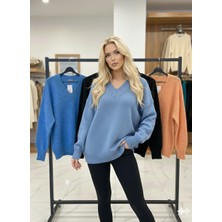Kadın V Yaka Oversize Basic Kare Desenli Fitilli  Triko Kazak - 6542