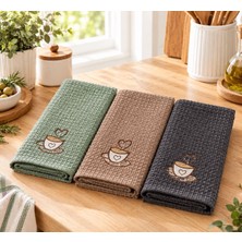 Denissly Kahve Fincanı Nakışlı Waffle Mutfak Havlusu 3’lü Set