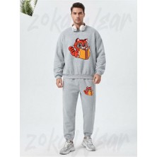 Zoka Wear Kitap Okuyan Kedi Baskılı Gri Eşofman Takımı
