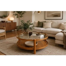 Klass Dekor Ceviz/ Meşe/ Beyaz/ Siyah Temperli Cam Masif Ahşap Balkon- Hol- Koridor- Mutfak- Salon- Ofis Golf Camlı Orta Sehpa Çap 80 cm