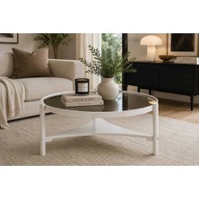 Klass Dekor Ceviz/ Meşe/ Beyaz/ Siyah Renk, Temperli Cam , Masif Doğal Ahşap Modern Iskandinav Tasarım Clover Salon Yuvarlak Orta Sehpası 100 x 46 cm