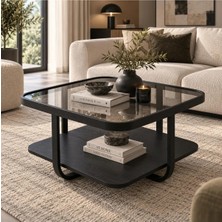 Klass Dekor Ceviz/ Meşe/ Beyaz/ Siyah Temperli Cam Masif Ahşap Balkon- Hol- Koridor- Mutfak- Salon- Ofis Bonello Camlı Orta Sehpa 80 x 80 cm