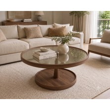 Klass Dekor Ceviz/ Meşe/ Beyaz/ Siyah Temperli Cam Masif Ahşap Balkon- Hol- Koridor- Mutfak- Salon- Ofis Yuvarlak Cosmos Orta Sehpa Çap 80 cm
