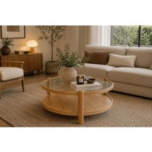 Klass Dekor Ceviz/ Meşe/ Beyaz/ Siyah Renk, Temperli Cam , Masif Doğal Ahşap Modern Iskandinav Tasarım Golf Salon Yuvarlak Orta Sehpası 100 x 48 cm