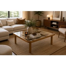 Klass Dekor Ceviz/ Meşe/ Beyaz/ Siyah Renk, Temperli Cam , Masif Doğal Ahşap Modern Iskandinav Tasarım Soft Salon Kare Orta Sehpası 90 x 90 cm